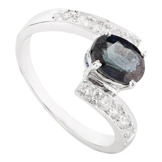 Imperial Blue Sapphire and Diamond Cocktail Ring in 14k Solid White Gold Size 7 For Sale