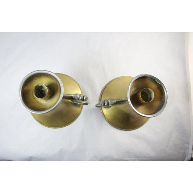 Mid 20th Century Vintage Brass Heraldic Chamber Candlestick Holders With Griffin Head Handles- Set of 2 For Sale - Image 5 of 7