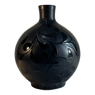 Large 16 In, Tall Bulbous Black Ceramic Leaf Design Vase For Sale