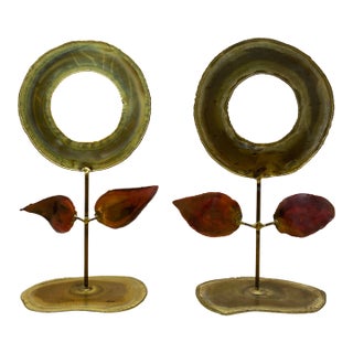 1970s Mid-Century Modern Brutalist Handcrafted Flower Sculpture Gold Red - a Pair For Sale