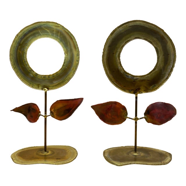 1970s Mid-Century Modern Brutalist Handcrafted Flower Sculpture Gold Red - a Pair For Sale
