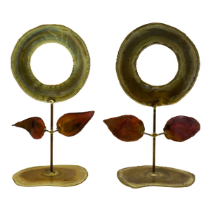1970s Mid-Century Modern Brutalist Handcrafted Flower Sculpture Gold Red - a Pair