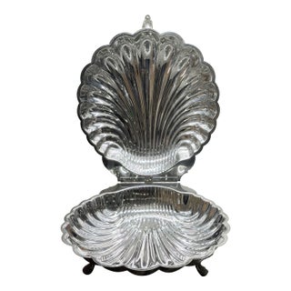 Vintage Oversized Silverplate Hinged Scallop Shell Buffet Server For Sale