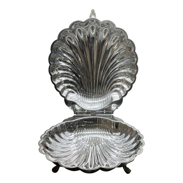 Vintage Oversized Silverplate Hinged Scallop Shell Buffet Server For Sale