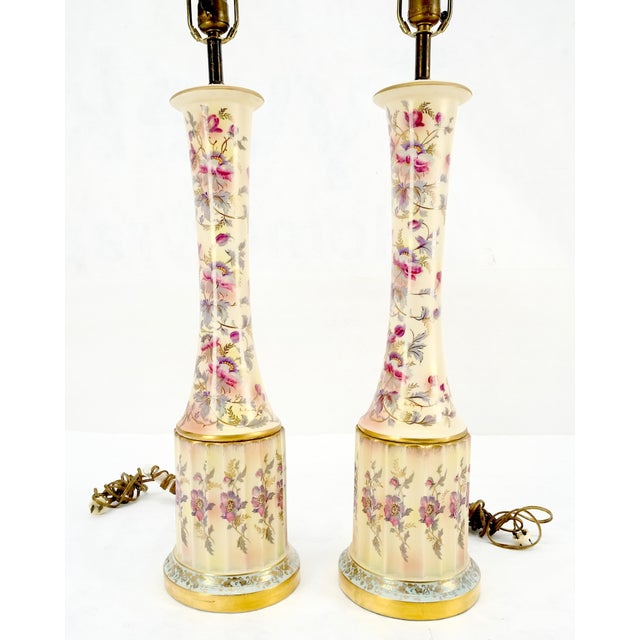 Pair of 39" Tall Ceramic Hand Painted Round Tower Shape Table Lamps w/ Shades For Sale - Image 12 of 13