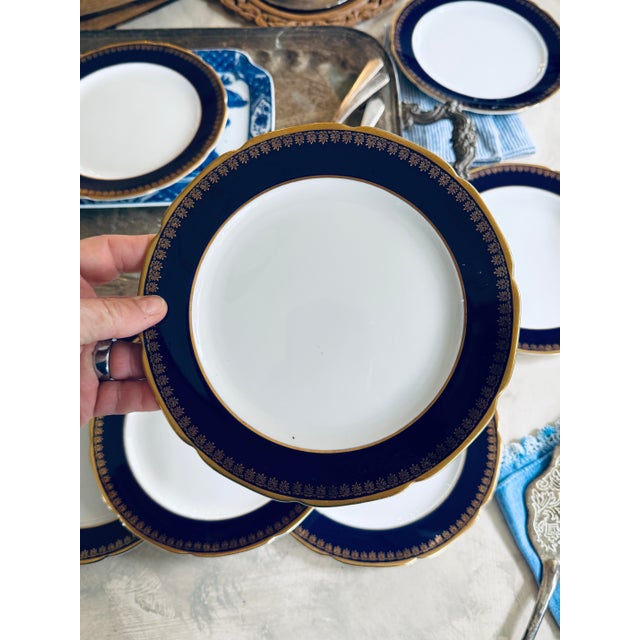 Noritake Vintage Noritake Kokura Ware Cobalt Blue and Gold Rim 7.5 Inch Dessert Plates – Hand Painted Japan - Set of Seven (7) For Sale - Image 4 of 10
