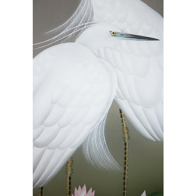 1970s "Egrets and the Moon" by Kawamura Shusui, Showa Era Japanese Silk Scroll Painting For Sale - Image 5 of 18