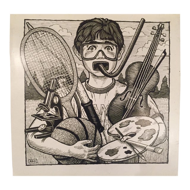 Original Illustration Scratch Board Boy & His Gear For Sale