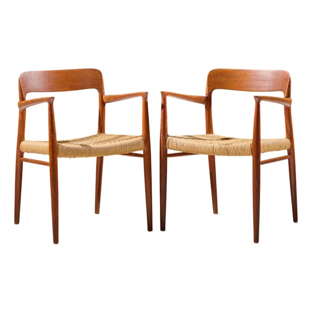 Niels Moller Model 57 Mid Century Danish Teak and Rope Captains Dining Chairs - Pair For Sale