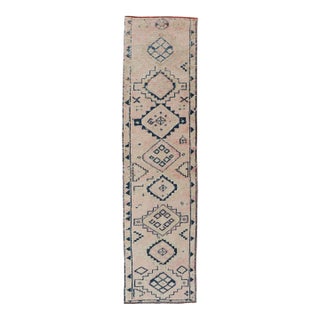 Vintage Hand Knotted Turkish Runner With Tribal Design in Muted Tones For Sale