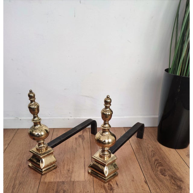 1970s Mid-Century Italian Brass and Wrought Iron Andirons, Set of 2 For Sale - Image 5 of 7
