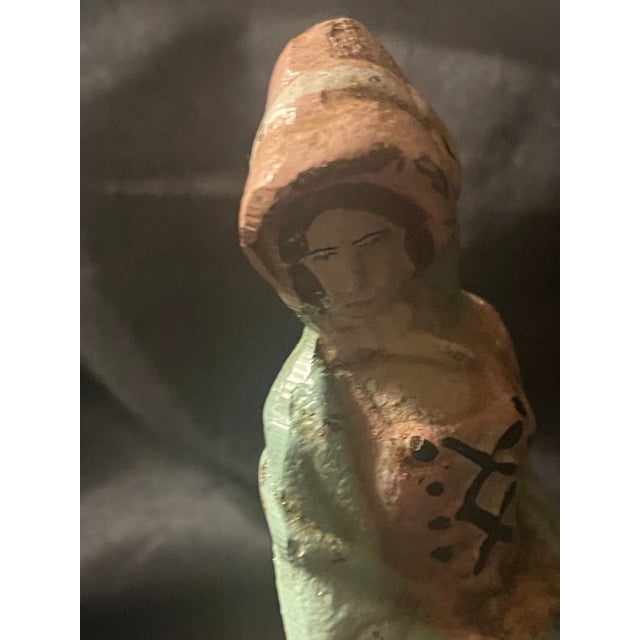Antique Cast Iron Doorstop W Victorian Lady in Peachy Pink Colonial Attire & Sunflower Bonnet For Sale - Image 4 of 12