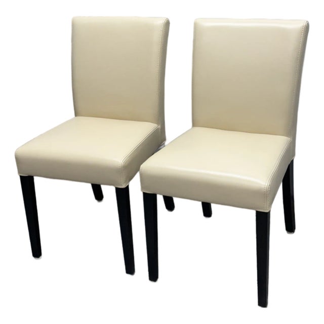 Crate & Barrel Lowe Ivory Leather Dining Chairs, Pair For Sale