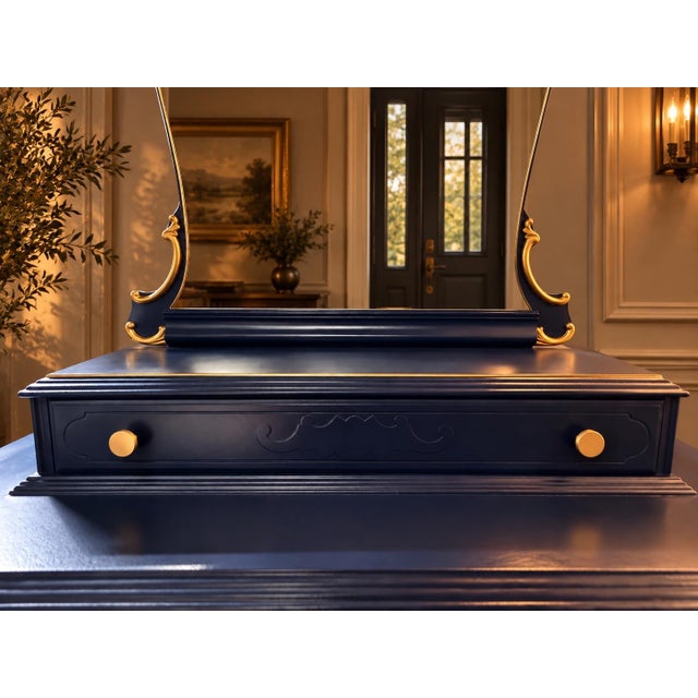 Wood Vintage Gettysburg Furniture - Navy Blue Vanity With Mirror For Sale - Image 7 of 12