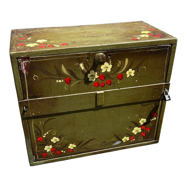 Vintage Repurposed Metal & Wood Military Box - Green Floral Box of Drawers Signed For Sale