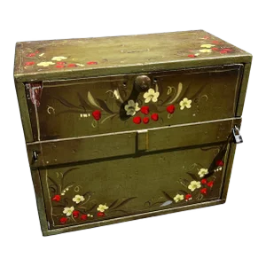 Vintage Repurposed Metal & Wood Military Box - Green Floral Box of Drawers Signed