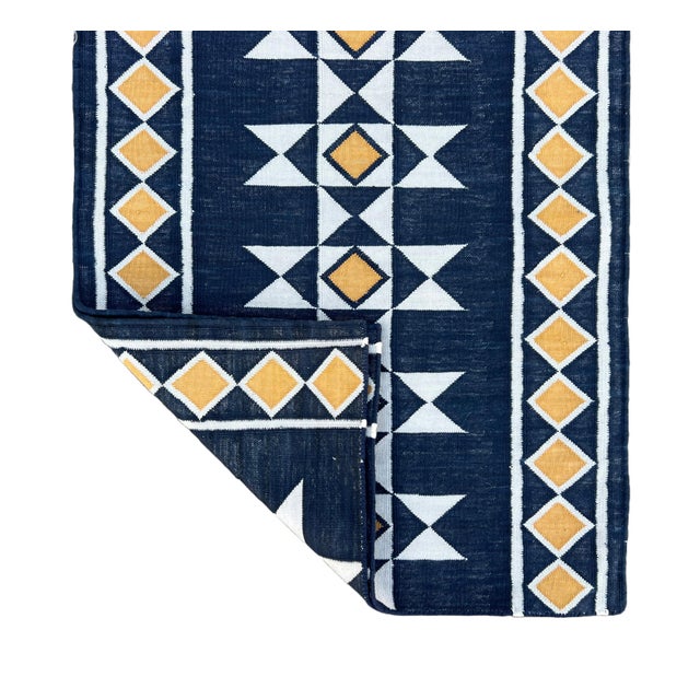 Casa Cosima Handmade Cotton Navy Blue Geometric Runner Rug, Vegetable Dyed Dhurrie Runner -3'x16' For Sale - Image 4 of 11