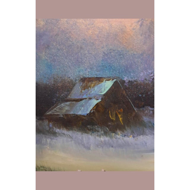 Rustic 1960s Vintage P. Wellington Large Winter Homestead Oil Painting - Signed For Sale - Image 3 of 10