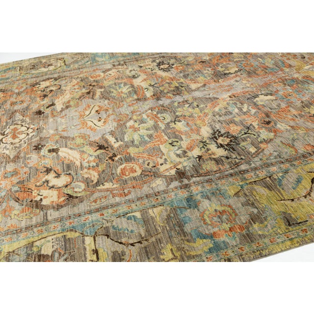 Textile Modern Bidjar Style Transitional Wool Rug – Earthy Abstract Floral Design 10x14 For Sale - Image 7 of 11