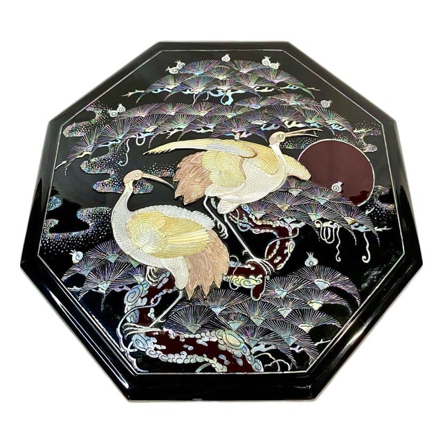 Late 20th Century Korean Oxblood Lacquer Mother-of-Pearl Crane Banchan Box – Octagonal For Sale