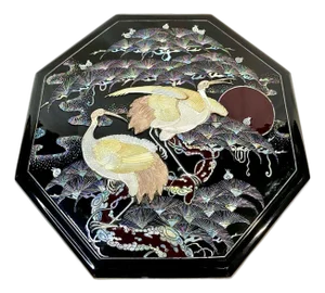 Late 20th Century Korean Oxblood Lacquer Mother-of-Pearl Crane Banchan Box – Octagonal