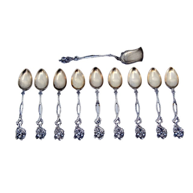 Silver Coffee Spoons and Sugar Scoop with Scalloped Handles, Set of 9 For Sale - Image 3 of 3
