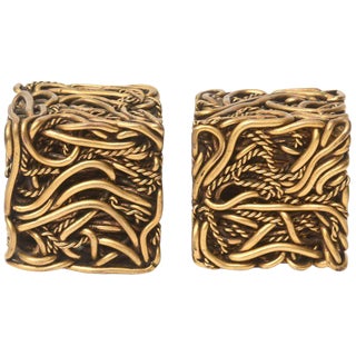 Vintage Signed Yascal French Bronze Twisted Square Cube Sculptures Pair Of For Sale