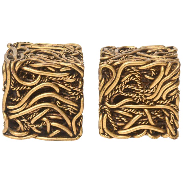 Vintage Signed Yascal French Bronze Twisted Square Cube Sculptures Pair Of For Sale