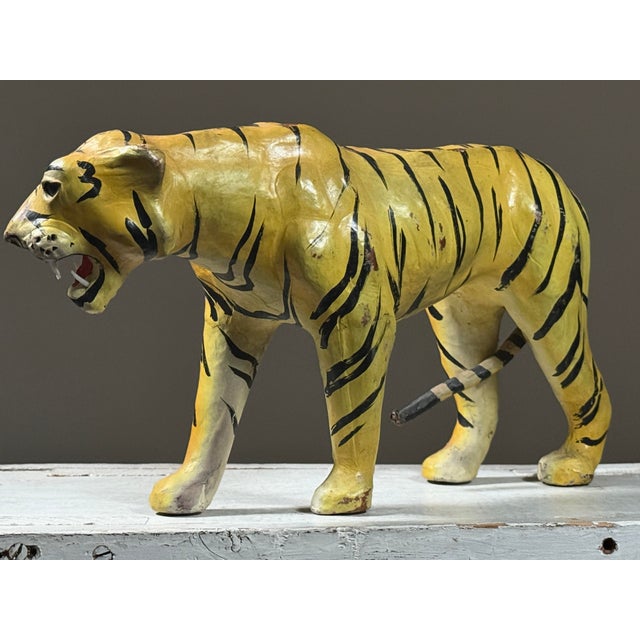 Vintage Folk Art Leather Wrapped Hand Painted Tiger For Sale - Image 4 of 8