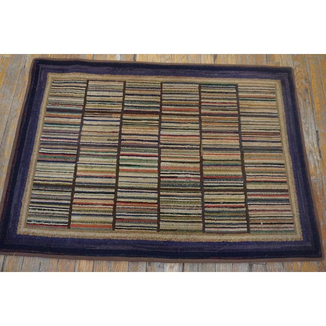 American 1920s Multi Purple Stripe Folk Art Antique American Hooked Rug 2'7" X 3'8" Knotted Wool Carpet For Sale - Image 3 of 13