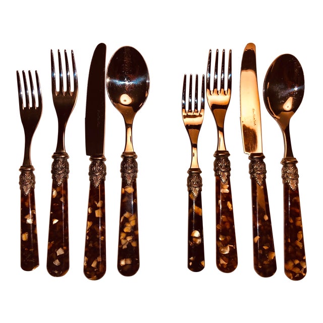 1950s Eme 18/10 Italy Tortoise Shell Napoleon Stainless Steel Flatware