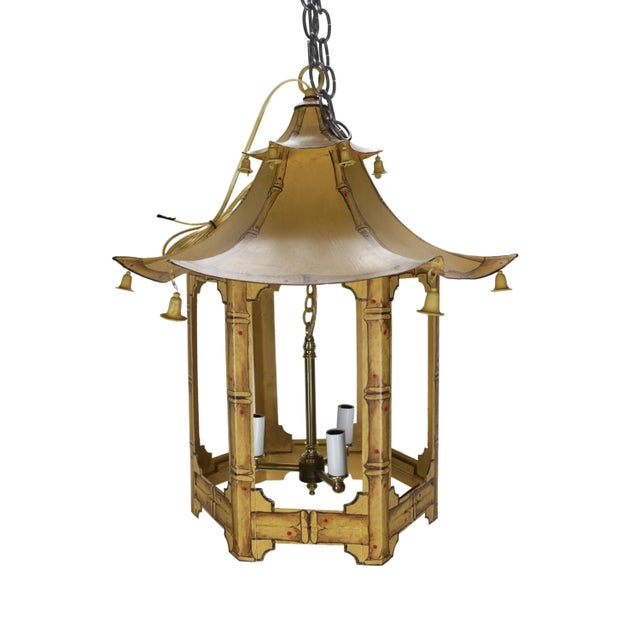 Vintage Double-Story Pagoda Imitation Bamboo Pattern Three-Light Chandelier There is a 12" chain with canopy to the...