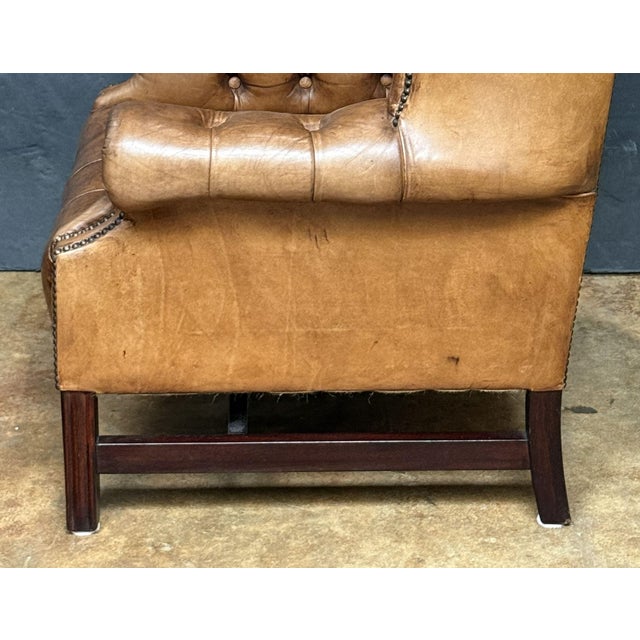 Large English Wing Back Chair of Tufted Tanned Leather With Nail-Head Trim For Sale - Image 14 of 16