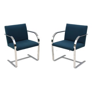 Ludwig Mies Van Der Rohe Brno Flat Bar Chairs in Blue Fabric by Gordon, a Pair For Sale
