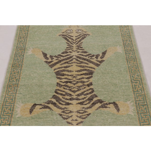 Rug & Kilim Rug & Kilim’s Distressed Tiger Runner in Green With Beige and Brown Pictorial For Sale - Image 4 of 9