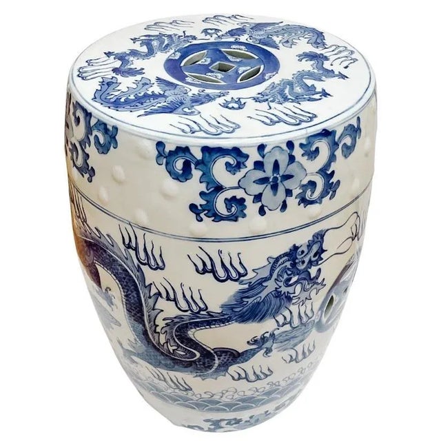 Late 20th Century Chinese Blue & White Garden Stool With Dragon & Phoenix For Sale - Image 5 of 9