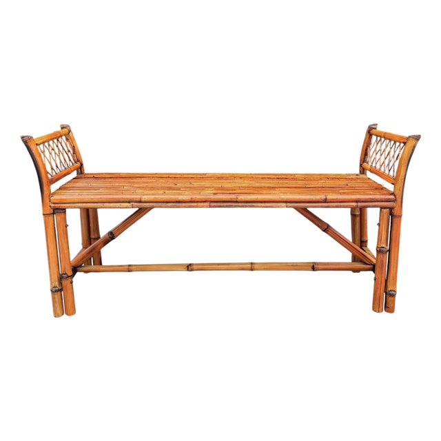 Vintage 54” Split Bamboo Hall Bench With Woven Cane Ends For Sale