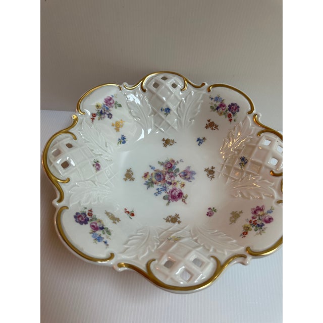 1970s Reichenbach Germany 11" Diameter Footed Floral Gold Trim Reticulated Dish For Sale - Image 13 of 18