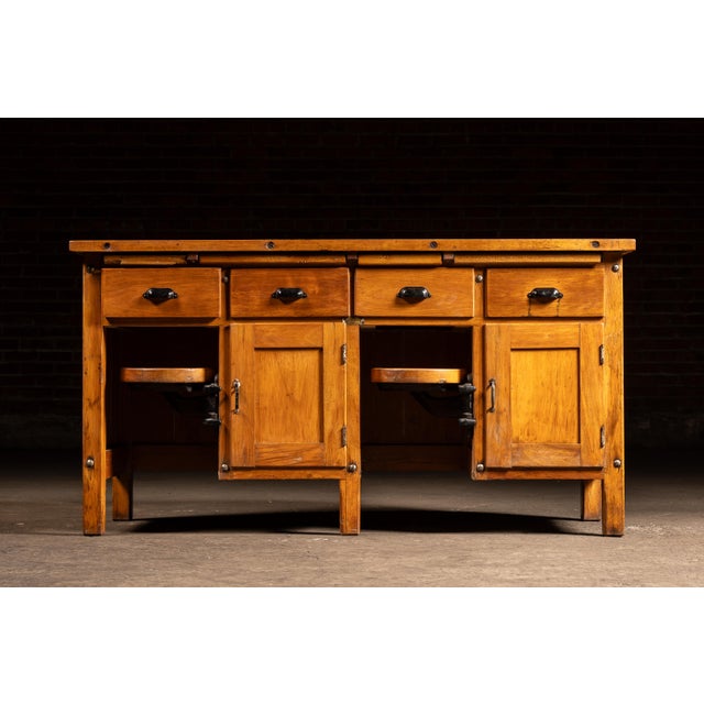 Industrial Early 20th Century Walnut Industrial Workbench With Swing-Out Stools For Sale - Image 3 of 18
