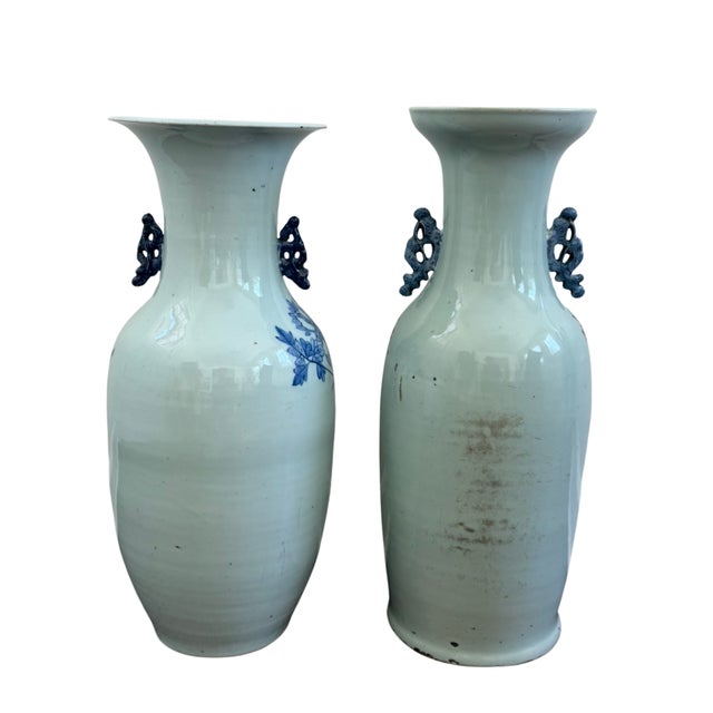 Chinese Late 19th Century Chinese Celadon-Ground Blue & White Porcelain Vases – Pair For Sale - Image 3 of 9