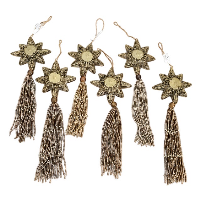 Set of 6 Ornate Antique Gold Starburst Tassel Christmas Ornaments For Sale
