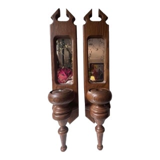 Vintage Wooden Wall Candle Holders With Mirrors Set of 2 For Sale