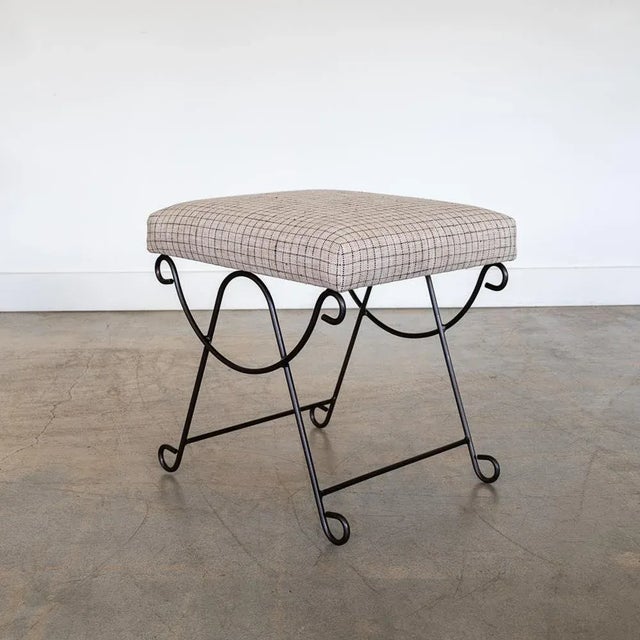 French Panoplie Iron Loop Stool, Linen Check For Sale - Image 3 of 8