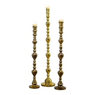 20th Century Moroccan Bohemian & Boho Chic Style Set of 3 Tiered Turned Brass Floor Candlesticks For Sale