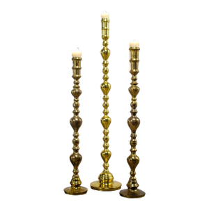 20th Century Moroccan Bohemian & Boho Chic Style Set of 3 Tiered Turned Brass Floor Candlesticks