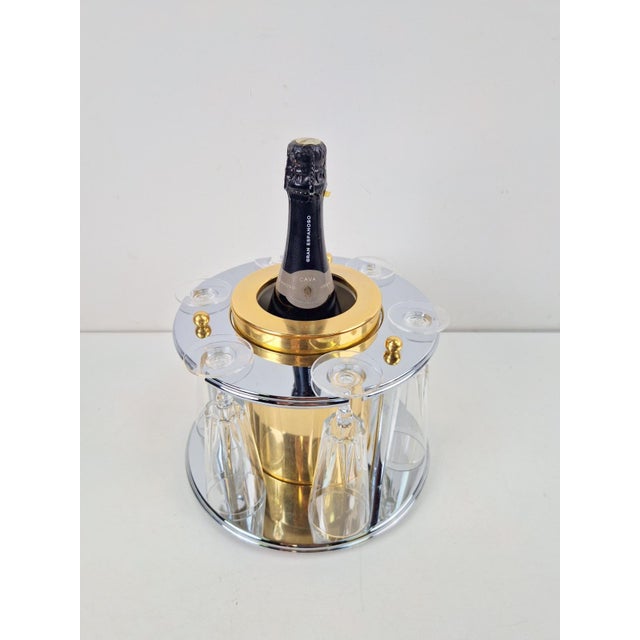 Brass Champagne Cooler with Glass Holder and Crystal flutes by Hans Turnwald for Freddotherm, Germany, 1960s, Set of 7 For Sale - Image 6 of 12