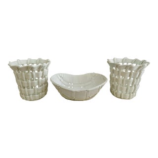 Late 20th Century Italian White Basket Weave Bowls and Containers- Set of 3 For Sale