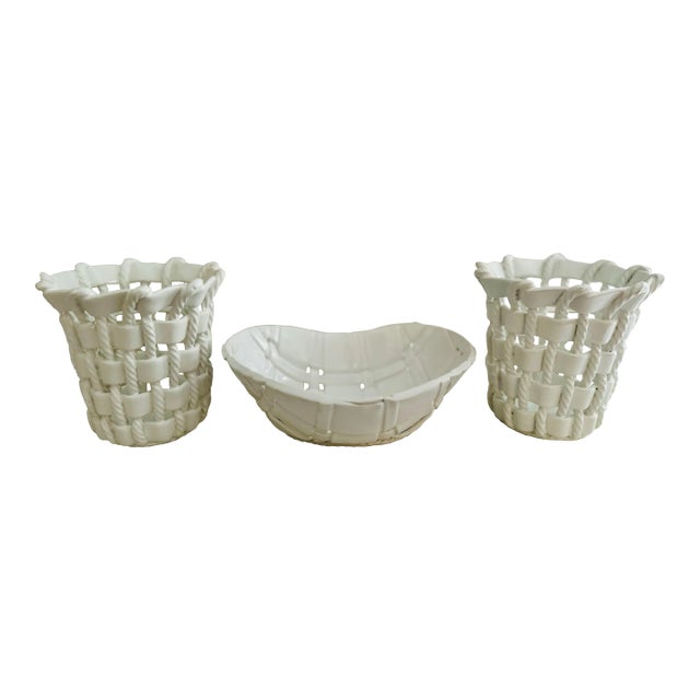 Late 20th Century Italian White Basket Weave Bowls and Containers- Set of 3 For Sale