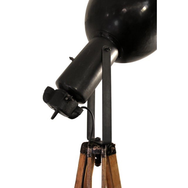 Vintage Industrial Black Enamel Spotlight on Wooden Tripod For Sale - Image 4 of 7