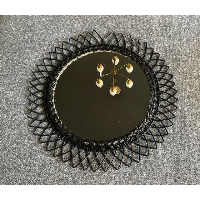 Black Vintage Round Wicker Sunburst Wall Mirror For Sale - Image 8 of 13